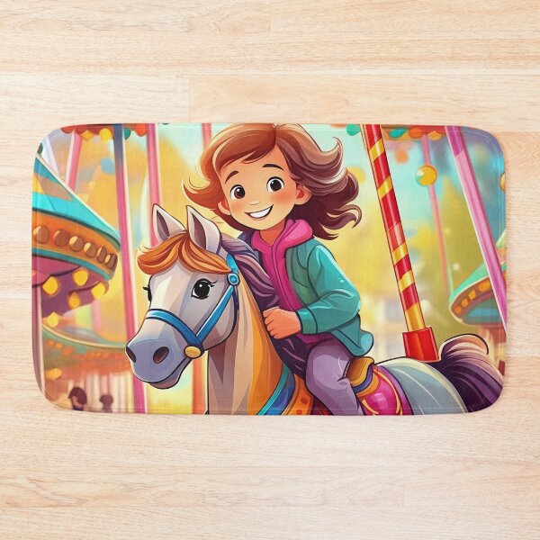 Item preview, A joyful girl rides a carousel horse at a vibrant amusement park, surrounded by colorful lights and festive decorations designed and sold by homydesign.