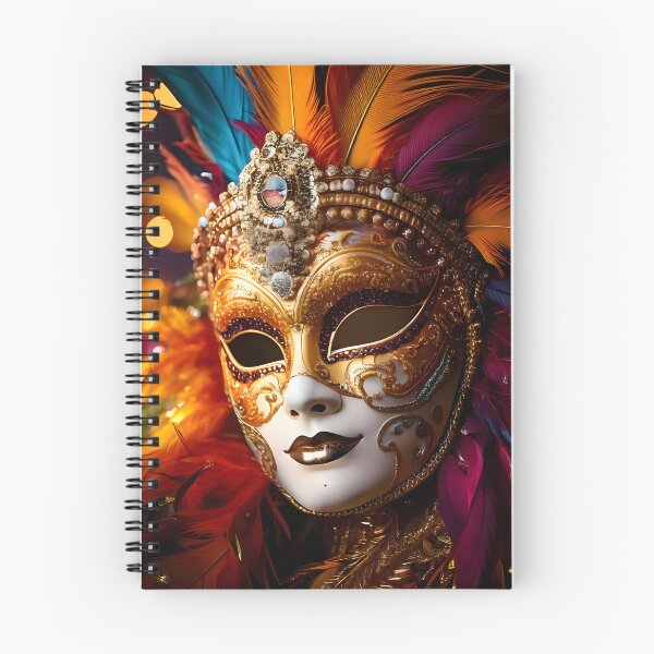 Item preview, A gleaming gold mask with intricate patterns, vibrant feathers, and a jeweled crown, radiating elegance and mystery designed and sold by homydesign.