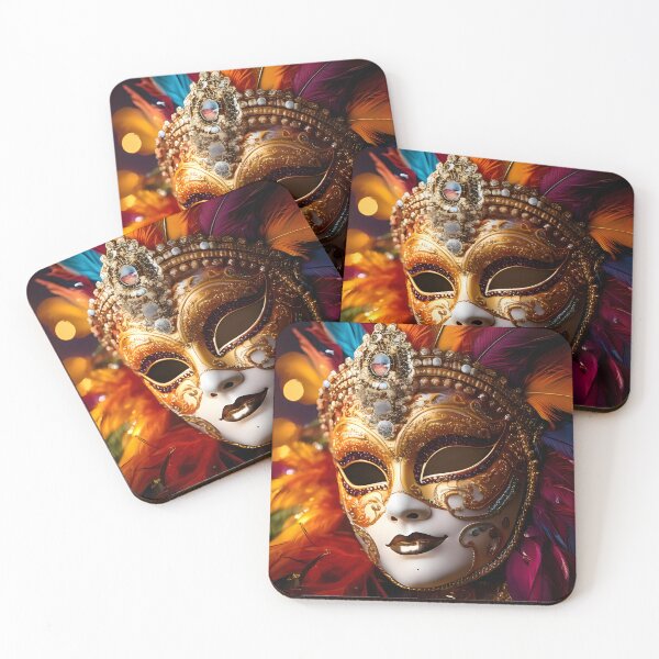 Item preview, A gleaming gold mask with intricate patterns, vibrant feathers, and a jeweled crown, radiating elegance and mystery designed and sold by homydesign.