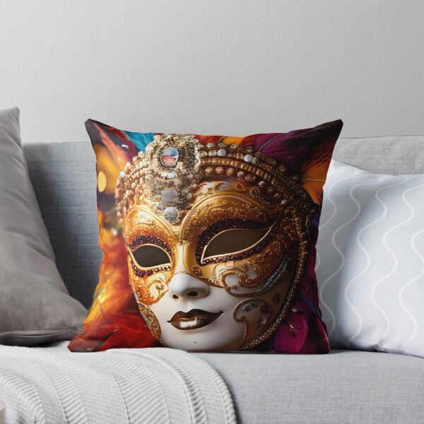 Item preview, A gleaming gold mask with intricate patterns, vibrant feathers, and a jeweled crown, radiating elegance and mystery designed and sold by homydesign.