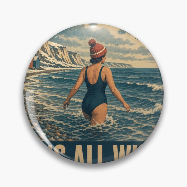 Item preview, Skins All Winter No Wetsuit Sea Swimmer Retro Poster Badge designed and sold by BoosterShop.