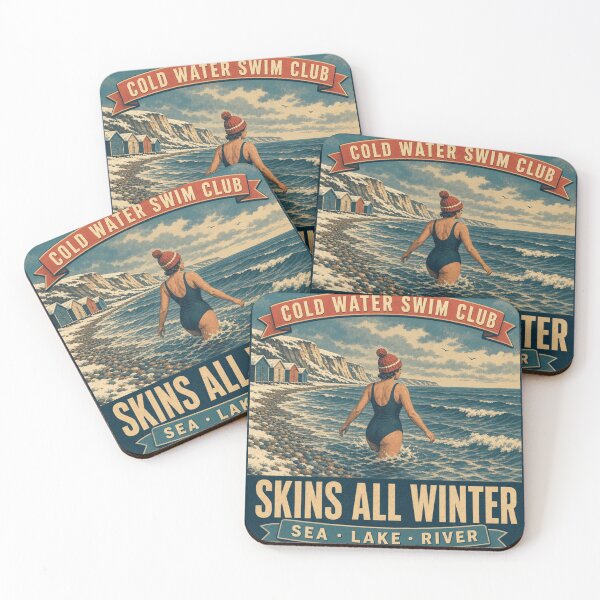 Item preview, Skins All Winter No Wetsuit Sea Swimmer Retro Poster Badge designed and sold by BoosterShop.