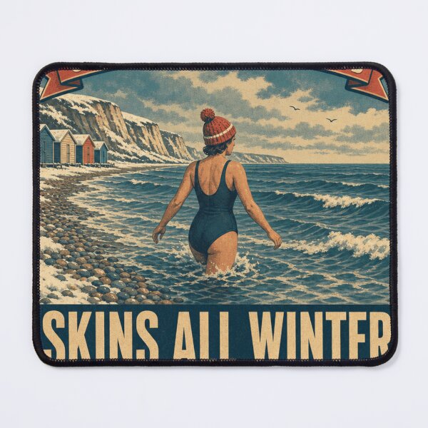 Item preview, Skins All Winter No Wetsuit Sea Swimmer Retro Poster Badge designed and sold by BoosterShop.