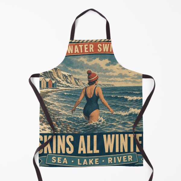 Item preview, Skins All Winter No Wetsuit Sea Swimmer Retro Poster Badge designed and sold by BoosterShop.