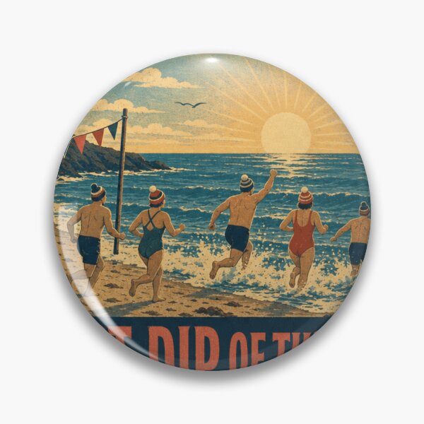 Artikelvorschau, First Dip Of The Year Neujahrsschwimmen Retro Seebad Abzeichen entworfen und verkauft von BoosterShop.