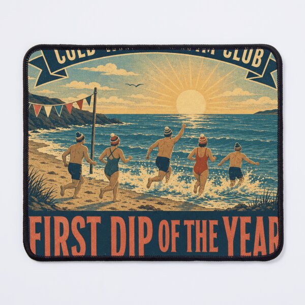 Item preview, First Dip Of The Year New Years Day Swim Retro Seaside Badge designed and sold by BoosterShop.