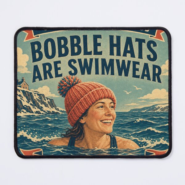 Item preview, Bobble Hats Are Swimwear Funny Wild Swimmer Retro Poster Badge designed and sold by BoosterShop.
