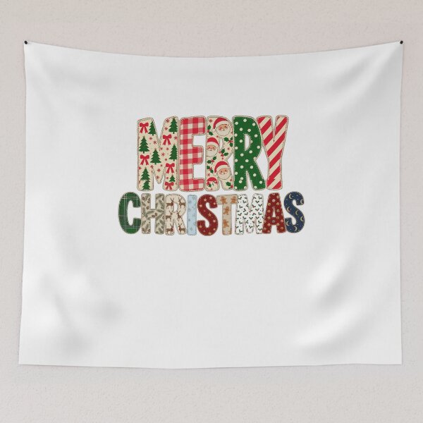 Aperçu de l'œuvre Merry Christmas Two Line Patchwork Lettering Trees Santa Holiday Patterns créée et vendue par JOSUQ.