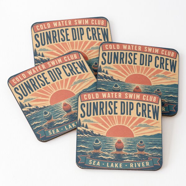 Item preview, Sunrise Dip Crew Sunrise Swim Group Retro Travel Poster Badge designed and sold by BoosterShop.