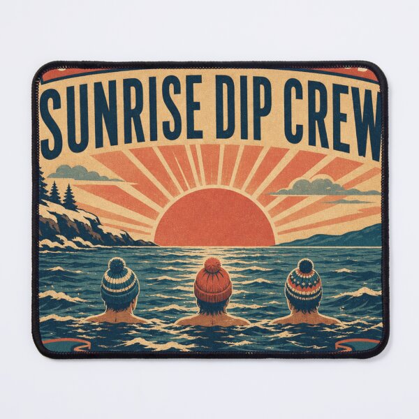 Item preview, Sunrise Dip Crew Sunrise Swim Group Retro Travel Poster Badge designed and sold by BoosterShop.