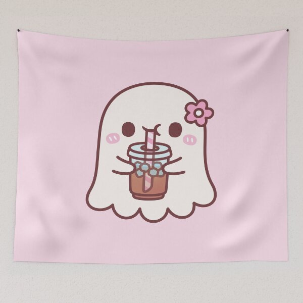 Item preview, Cute Ghost With Pink Flower Drinking Iced Coffee designed and sold by rustydoodle.