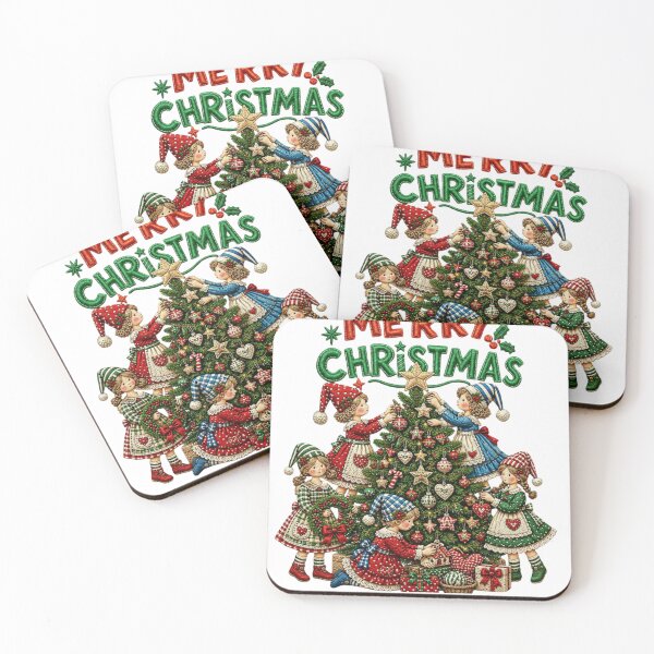 Item preview, Merry Christmas Vintage Embroidery Kids Decorating Tree Graphic designed and sold by SilverSeaBKK.