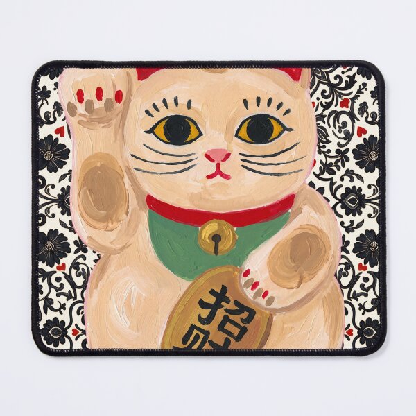 Item preview, Maneki Neko Lucky Cat on Black Floral Pattern designed and sold by Fani*.