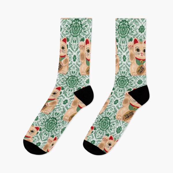 Item preview, Maneki Neko Lucky Cat on Green Floral Pattern designed and sold by Fani*.