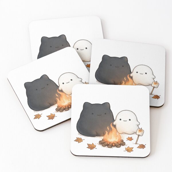 Item preview, Cute Black Cat Ghost Campfire Marshmallow Fall Halloween Kawaii Sticker designed and sold by xiaoxiaochibi.