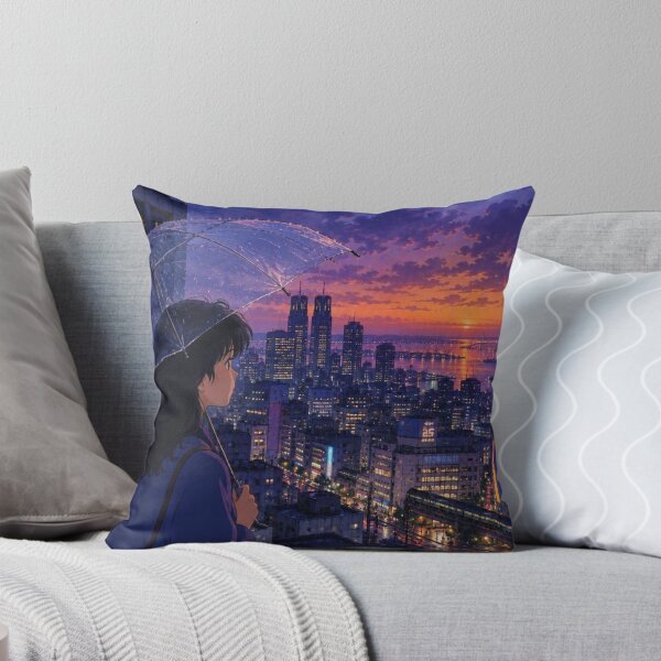 Item preview, Anime Girl with Umbrella Looking Over Sunset Tokyo Bay Cityscape designed and sold by vekotpu.