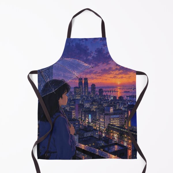 Item preview, Anime Girl with Umbrella Looking Over Sunset Tokyo Bay Cityscape designed and sold by vekotpu.