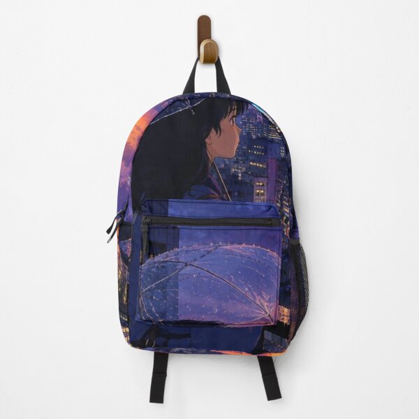 Item preview, Anime Girl with Umbrella Looking Over Sunset Tokyo Bay Cityscape designed and sold by vekotpu.
