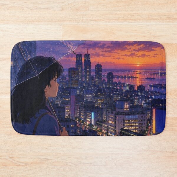 Item preview, Anime Girl with Umbrella Looking Over Sunset Tokyo Bay Cityscape designed and sold by vekotpu.
