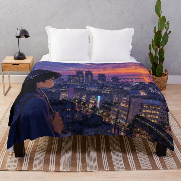 Item preview, Anime Girl with Umbrella Looking Over Sunset Tokyo Bay Cityscape designed and sold by vekotpu.