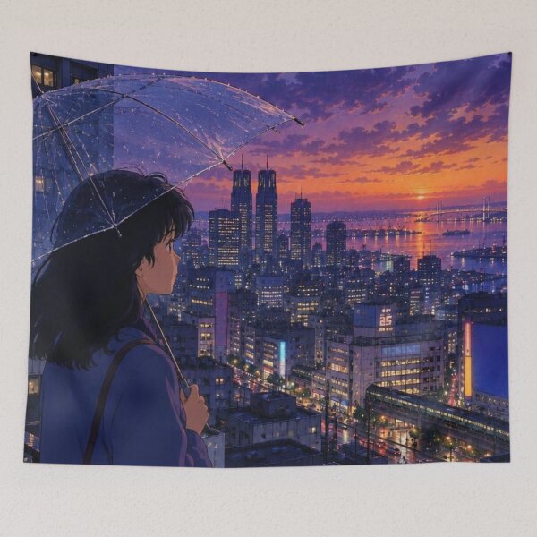 Item preview, Anime Girl with Umbrella Looking Over Sunset Tokyo Bay Cityscape designed and sold by vekotpu.