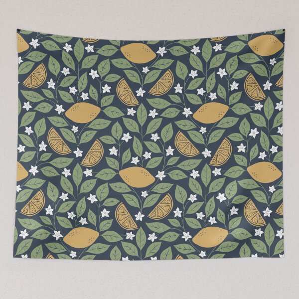 Item preview, Hand Drawn Lemon Pattern on Dark Blue Background designed and sold by Fern and Quill.