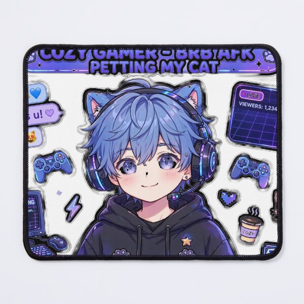 Item preview, Cozy Gamer Boy - BRB AFK Petting My Cat - Blue VTuber Streamer - Kawaii Gaming designed and sold by Mandatory.