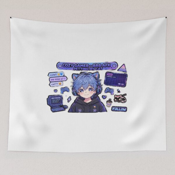 Item preview, Cozy Gamer Boy - BRB AFK Petting My Cat - Blue VTuber Streamer - Kawaii Gaming designed and sold by Mandatory.