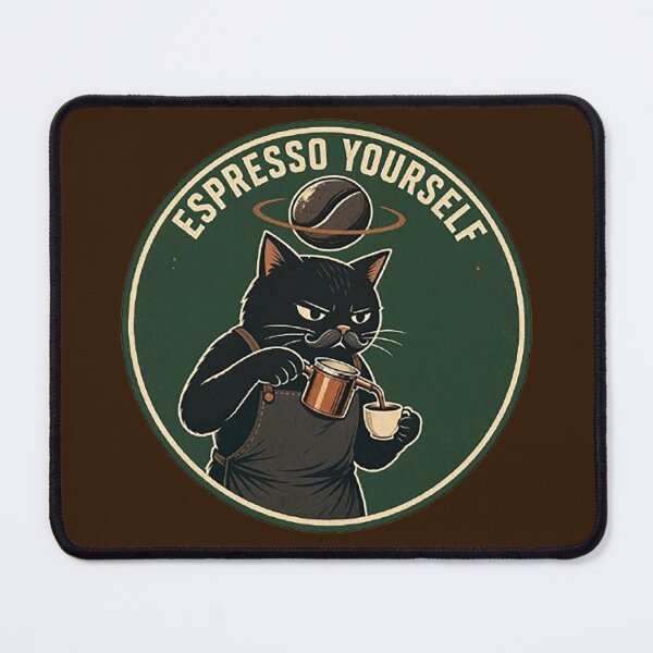 Item preview, Espresso Yourself Funny Black Cat Barista | Vintage Coffee Pun Art designed and sold by Dogandesighn.
