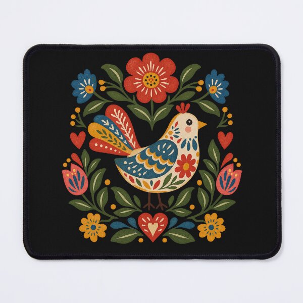 Item preview, Whimsical Folk Art Bird Illustration – Vibrant Floral Scandinavian & Slavic Bird Pattern on Black designed and sold by SeJaa.