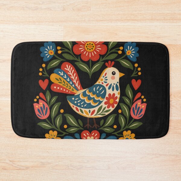 Item preview, Whimsical Folk Art Bird Illustration – Vibrant Floral Scandinavian & Slavic Bird Pattern on Black designed and sold by SeJaa.