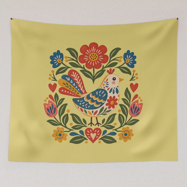 Item preview, Whimsical Folk Art Bird Illustration – Vibrant Floral Scandinavian & Slavic Bird Pattern on Black designed and sold by SeJaa.