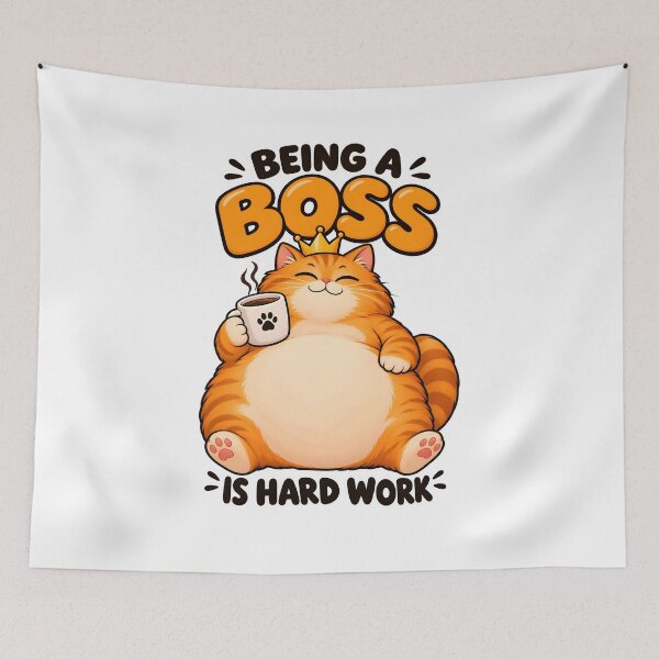 Item preview, Being a Boss Is Hard Work – Funny Chubby Orange Cat with Coffee designed and sold by Bettybee00.