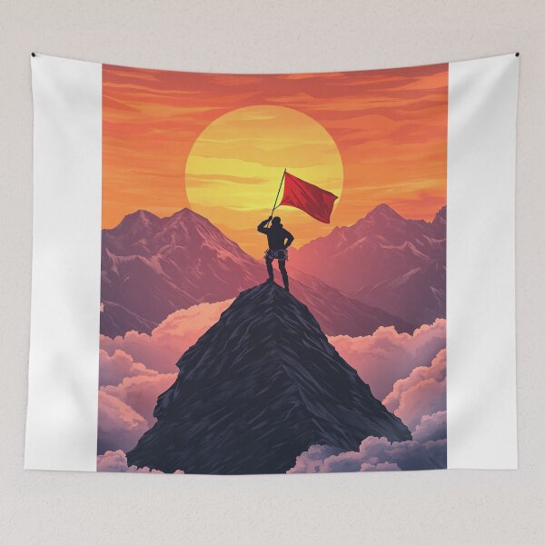 Item preview, Vector Illustration Of Mountaineer Holding Flag On Mountain Peak designed and sold by simonwarz.