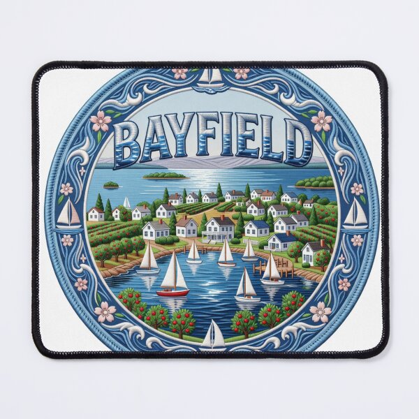 Item preview, Bayfield Wisconsin USA Lake Superior Harbor Village Embroidered Patch Sticker designed and sold by Imaginarium of Chaos falcon88 .