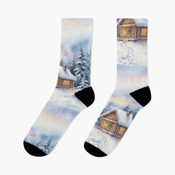 Item preview, Cozy Winter Cabin In Snow Watercolor Painting designed and sold by bvdesignart.