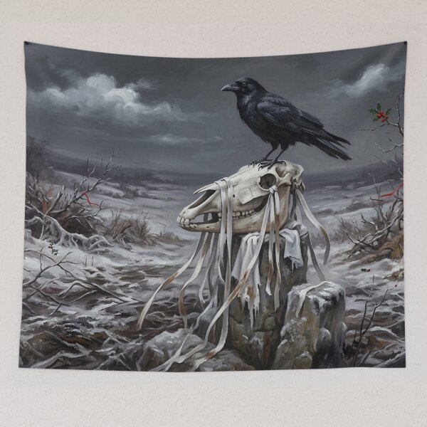 Item preview, Gothic Mari Lwyd Winter Raven Horse Skull Folk Art Illustration designed and sold by Englandbear.