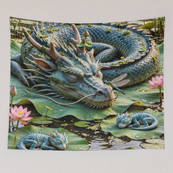 Item preview, Enchanted Pond Dragon Family with Sleeping Baby Dragons – Magical Fantasy Artwork designed and sold by DrakariArt.