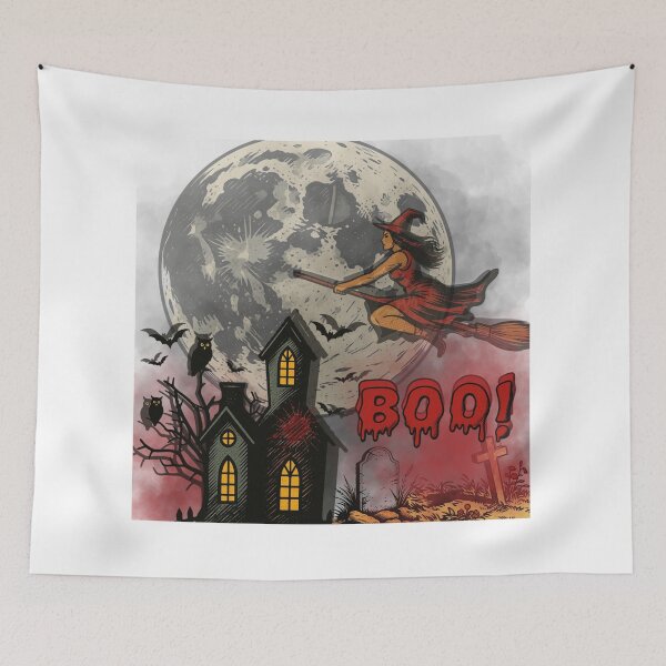 Item preview, Spooky Haunted House Witch BOO - Retro Halloween Art Print designed and sold by tinkeybabes.