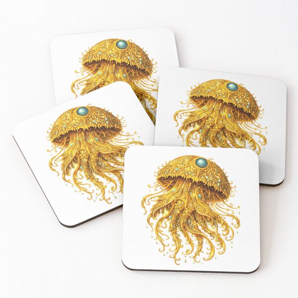 Item preview, Golden Jellyfish | Ornate Deep Sea Ocean Art | Golden Ocean Glow Collection designed and sold by Zaru Art Studio.