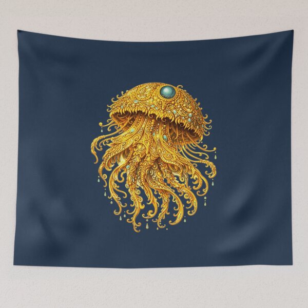 Item preview, Golden Jellyfish | Ornate Deep Sea Ocean Art | Golden Ocean Glow Collection designed and sold by Zaru Art Studio.