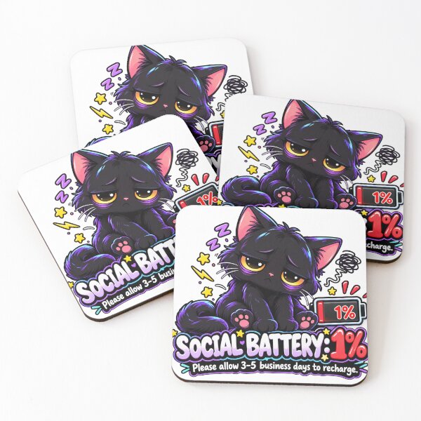 Item preview, Social Battery 1% – Exhausted Black Cat Introvert Humor designed and sold by ndmedia.