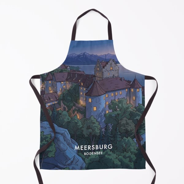 Aperçu de l'œuvre Meersburg sur le lac de Constance, vieux château et nouveau palais avec les Alpes suisses. Illustration rétro vintage à l'heure bleue. créée et vendue par strandbar.