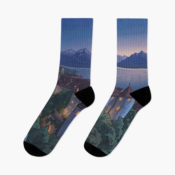 Item preview, Meersburg on Lake Constance old castle and new palace with Swiss Alps Vintage Retro Illustration blue hour at night designed and sold by strandbar.