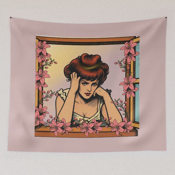 Item preview, Vintage Retro Woman with Pink Lilies - Aesthetic Pop Art Print designed and sold by tinkeybabes.