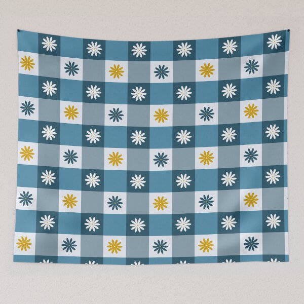 Item preview, Blue Gingham Daisy Pattern with Mustard Yellow Flowers  designed and sold by PatternXOXO.