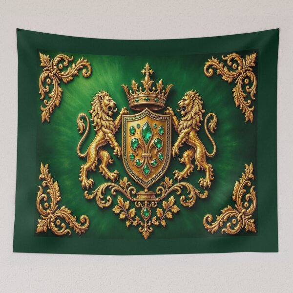 Item preview, Royal Lion Coat of Arms - Baroque Gold Emerald Kingcore Crest designed and sold by Breezes-of-Ida.