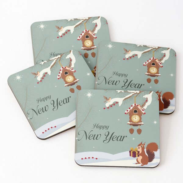 Item preview, Vintage Woodland New Year Greeting Card with Cuckoo Clock, Squirrel, Birds and Snowy Forest designed and sold by DesignbyAnnaM.