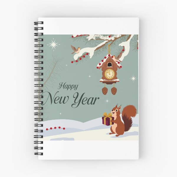 Item preview, Vintage Woodland New Year Greeting Card with Cuckoo Clock, Squirrel, Birds and Snowy Forest designed and sold by DesignbyAnnaM.