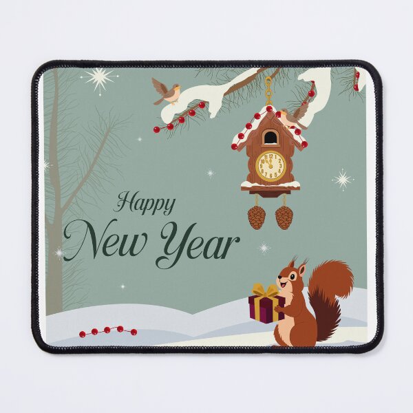 Item preview, Vintage Woodland New Year Greeting Card with Cuckoo Clock, Squirrel, Birds and Snowy Forest designed and sold by DesignbyAnnaM.